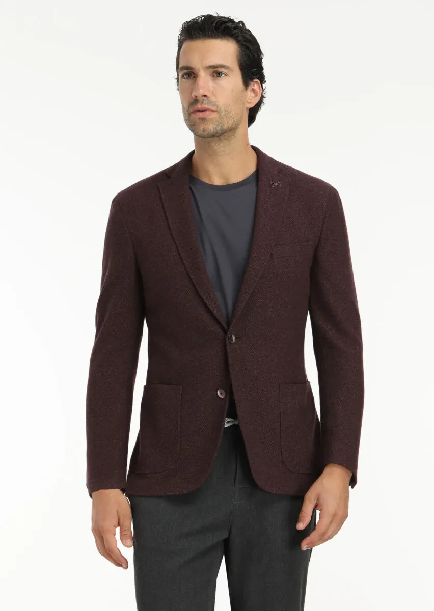 Bordo Desenli Shirt Shoulder Slim Fit Yün Karışımlı Örme Ceket - 2