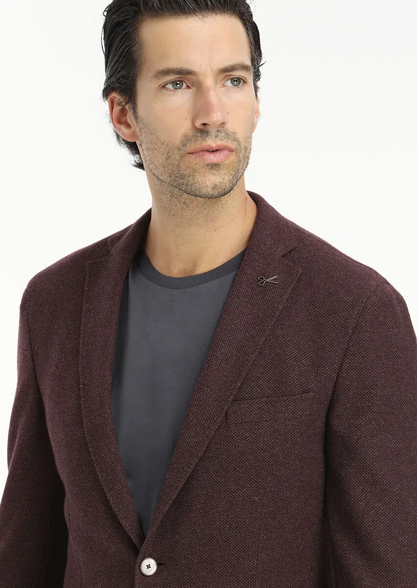 Bordo Desenli Shirt Shoulder Slim Fit Yün Karışımlı Örme Ceket - 3