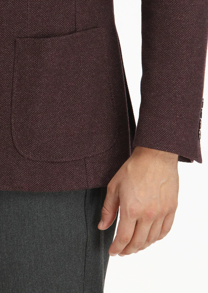 Bordo Desenli Shirt Shoulder Slim Fit Yün Karışımlı Örme Ceket - 4