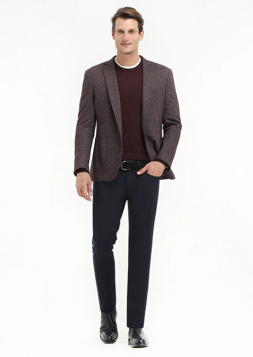 Bordo Desenli Zeroweight Slim Fit Yün Karışımlı Örme Ceket - 1