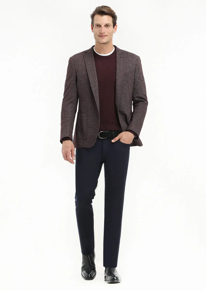 Bordo Desenli Zeroweight Slim Fit Yün Karışımlı Örme Ceket - 1