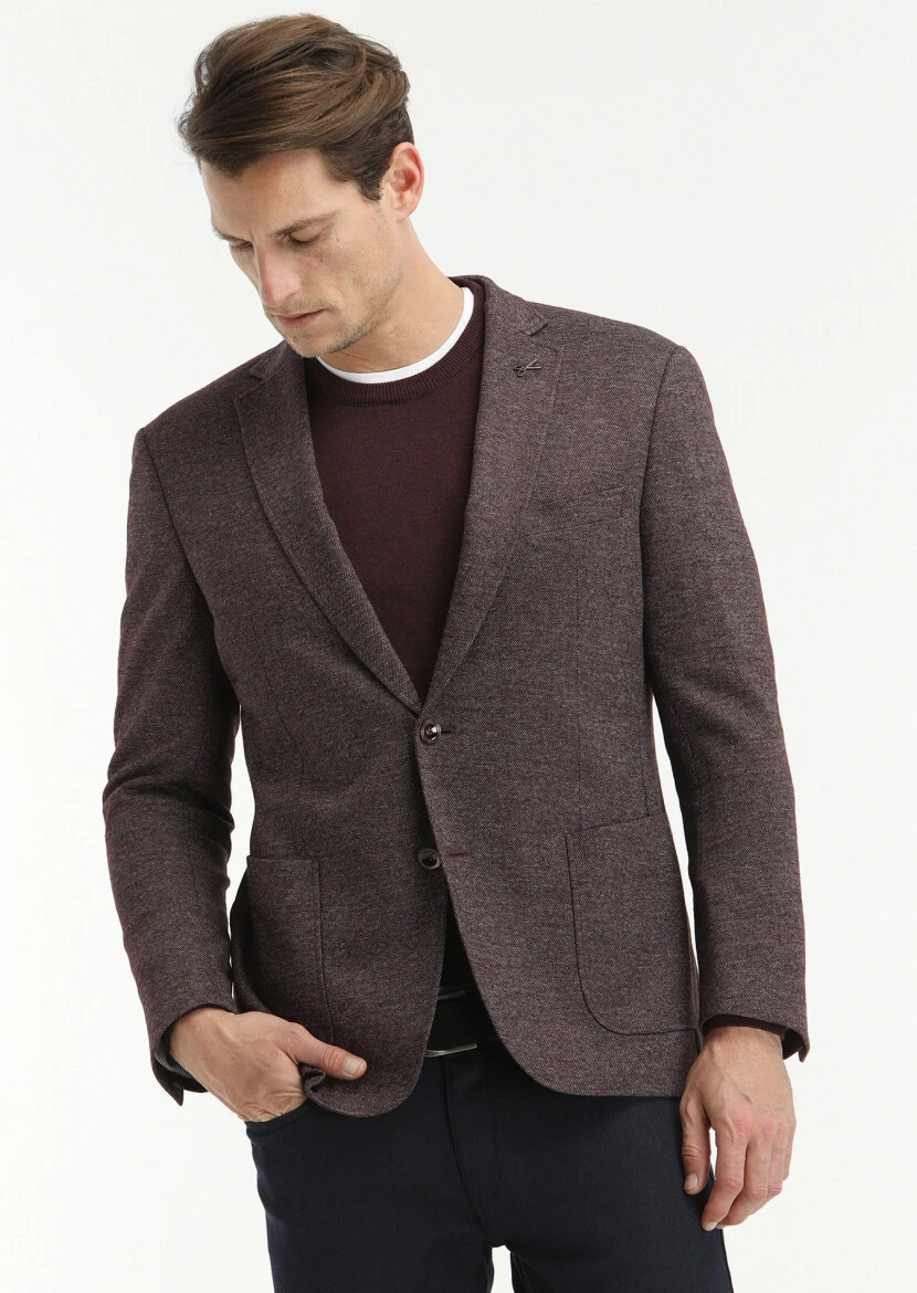 Bordo Desenli Zeroweight Slim Fit Yün Karışımlı Örme Ceket - 3