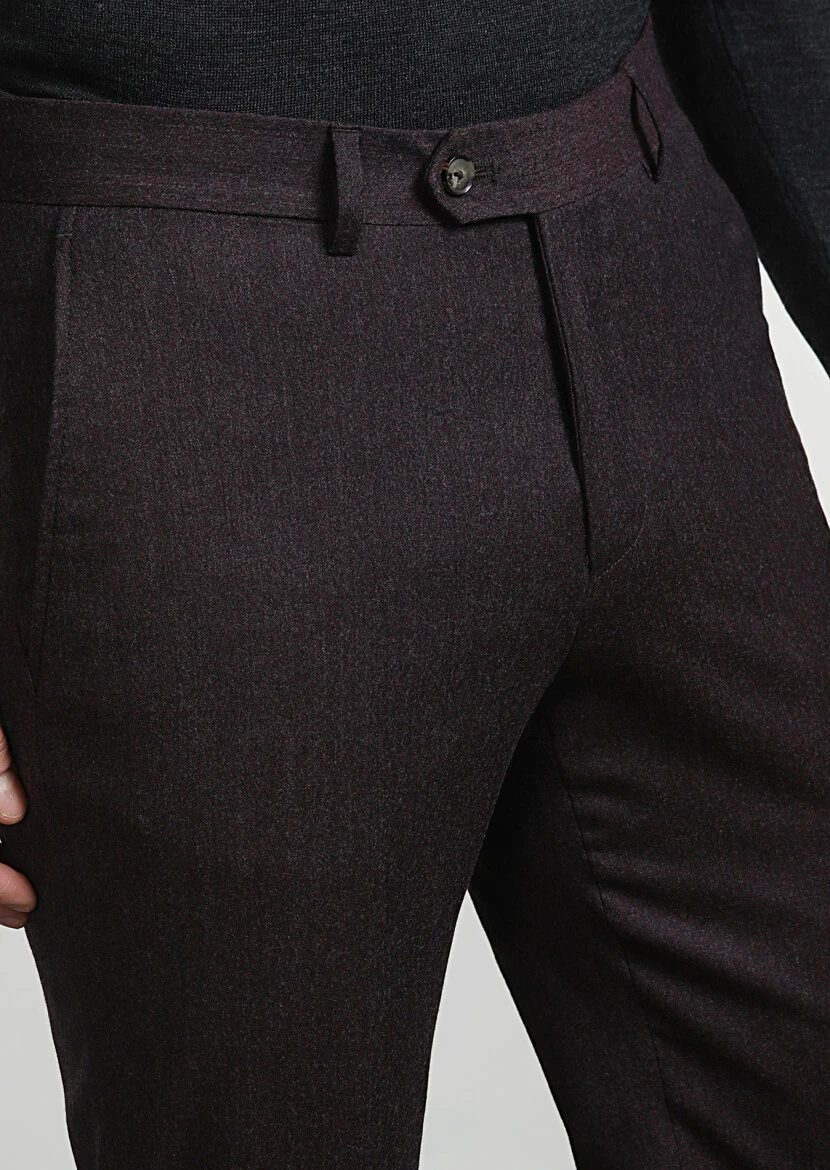 Bordo Düz Dokuma Regular Fit Klasik %100 Yün Pantolon 