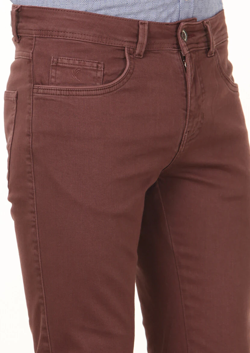 Bordo Düz Dokuma Slim Fit Casual Pamuk Karışımlı Pantolon - 3