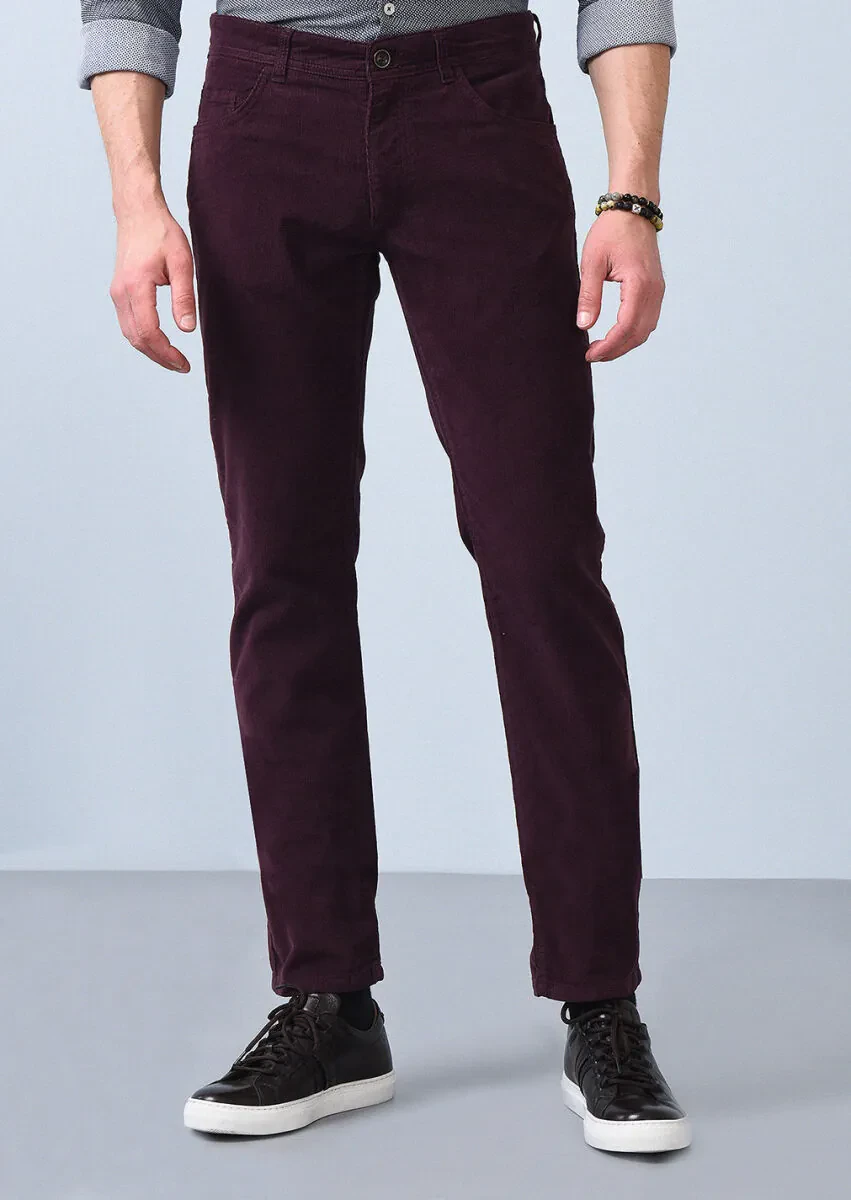 Bordo Düz Dokuma Slim Fit Casual Pamuk Karışımlı Pantolon - 1