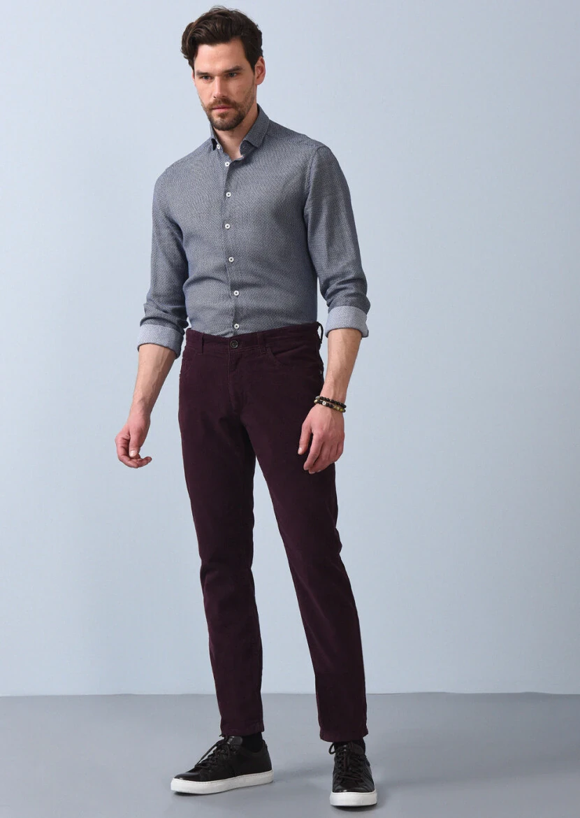 Bordo Düz Dokuma Slim Fit Casual Pamuk Karışımlı Pantolon - 4