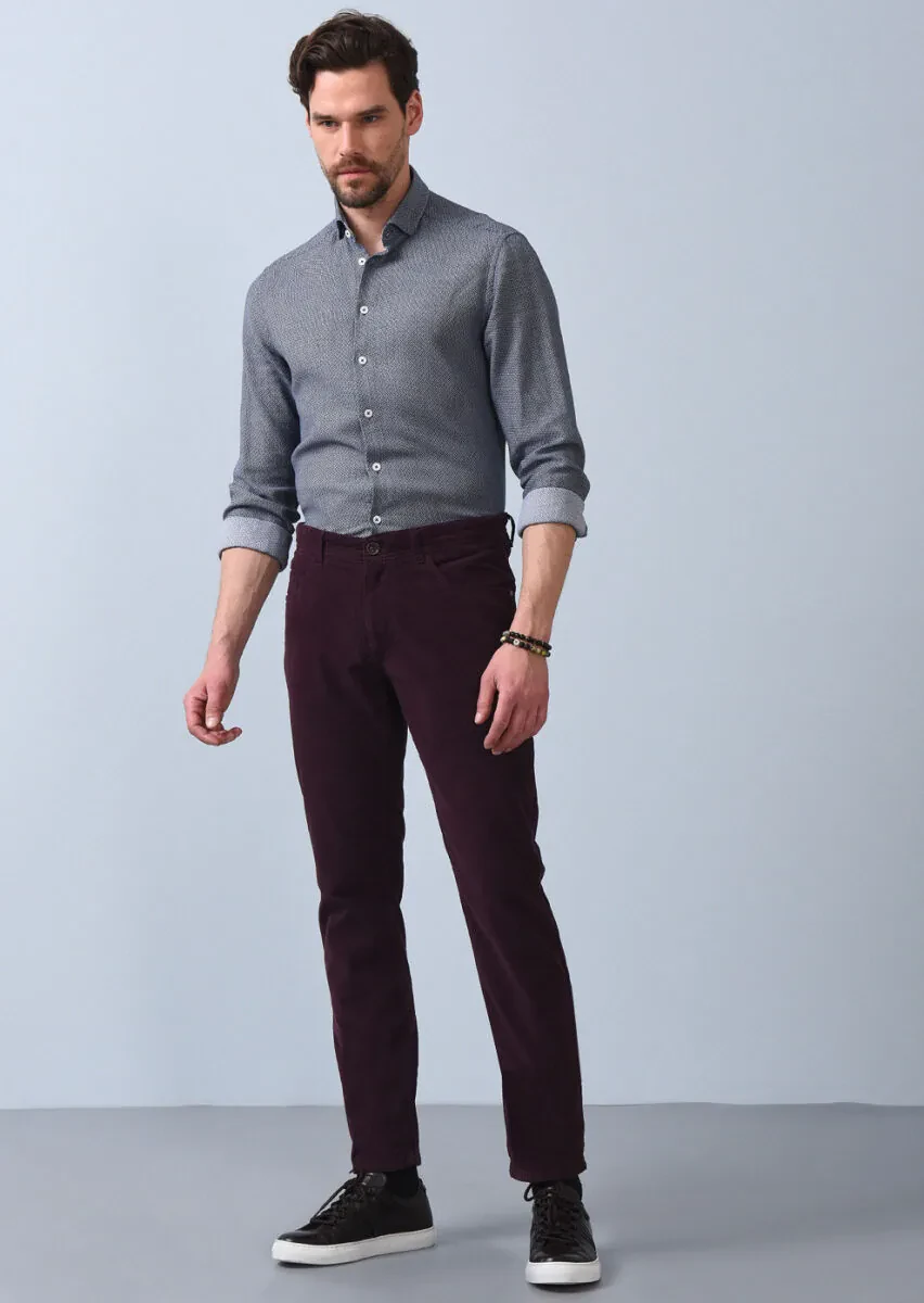 Bordo Düz Dokuma Slim Fit Casual Pamuk Karışımlı Pantolon - 4