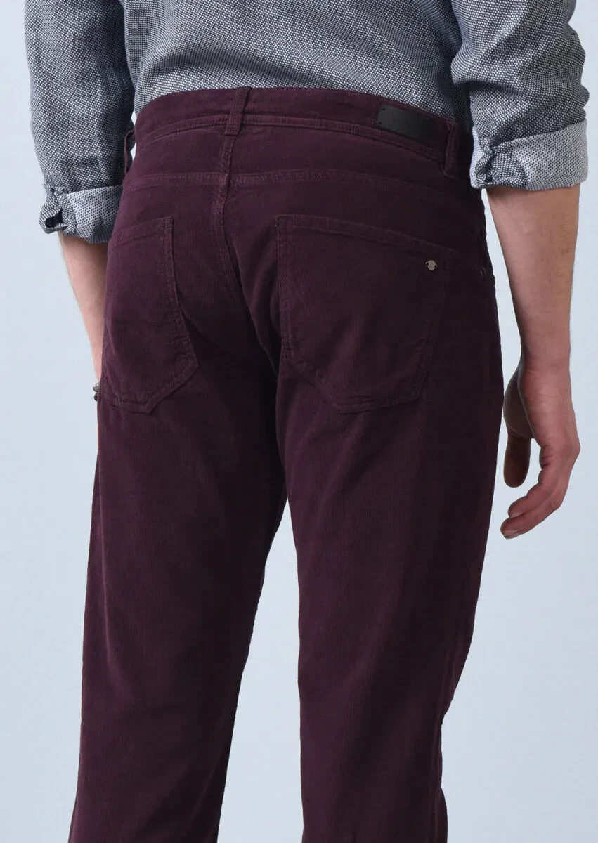 Bordo Düz Dokuma Slim Fit Casual Pamuk Karışımlı Pantolon - 5