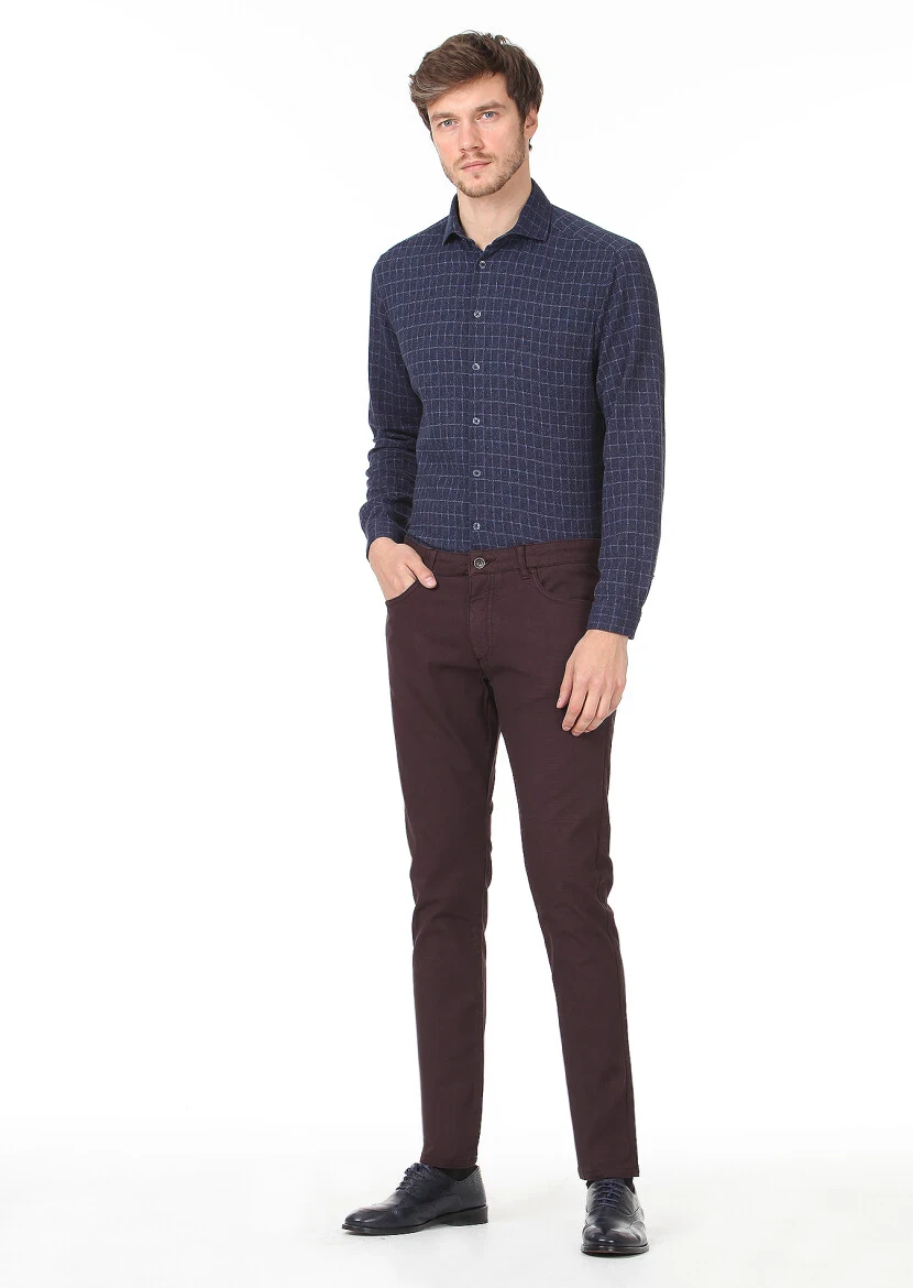 Bordo Düz Dokuma Slim Fit Casual Pamuk Karışımlı Pantolon 