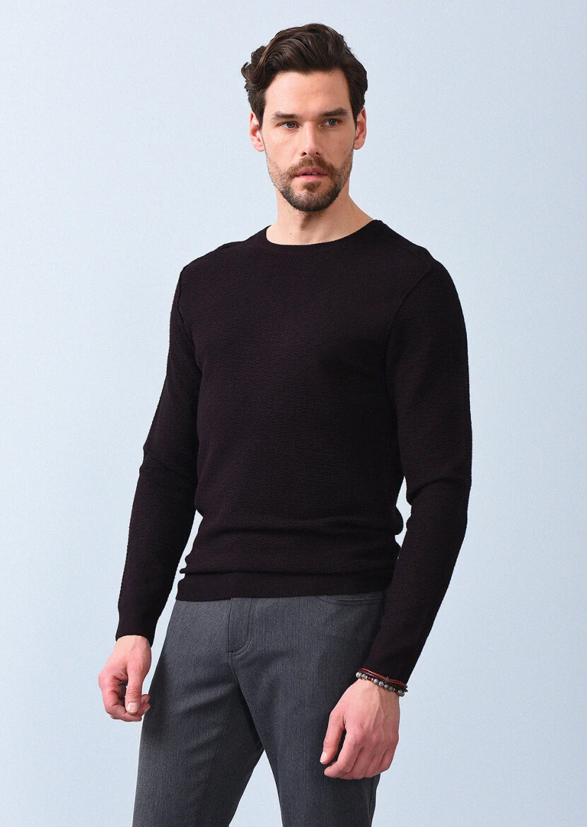 Bordo Düz Örgü Triko Kazak - 1