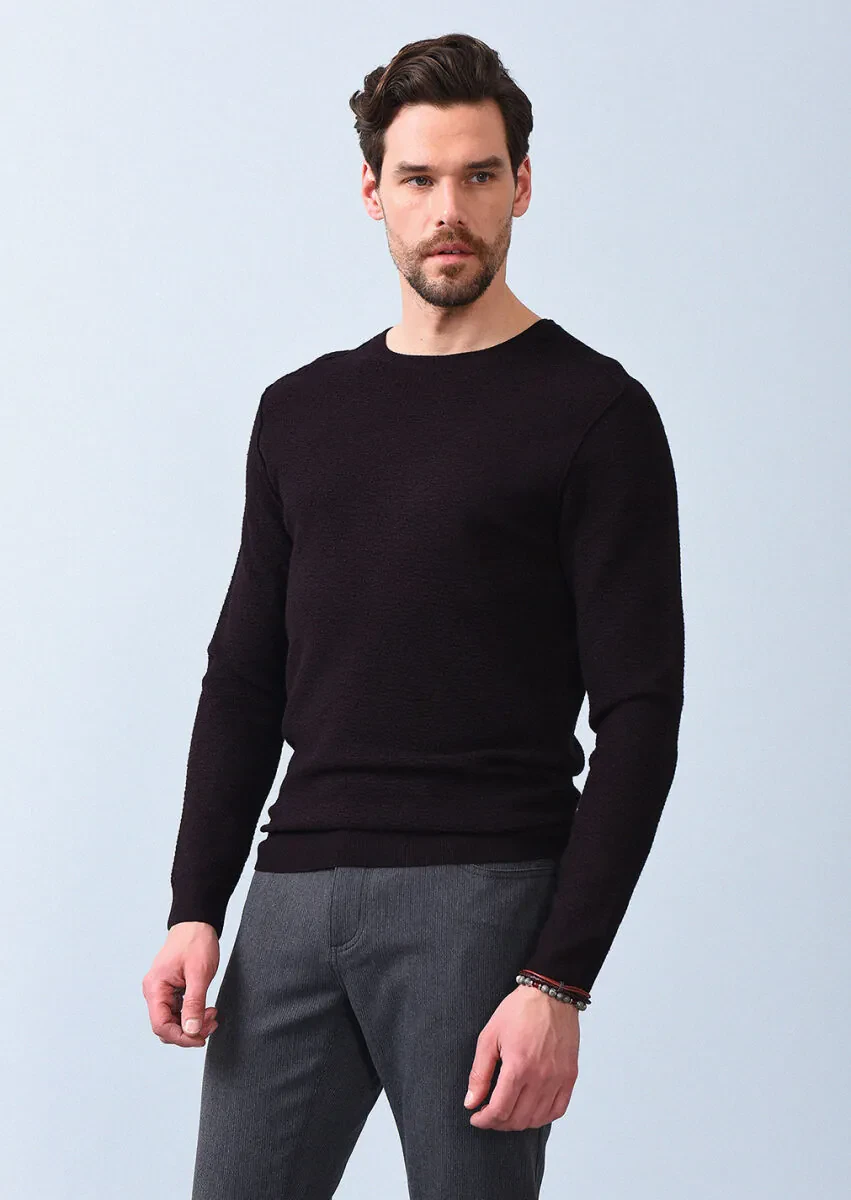 Bordo Düz Örgü Triko Kazak - 1