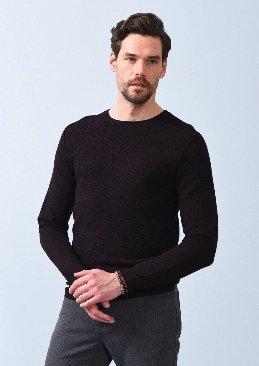 Bordo Düz Örgü Triko Kazak - 3