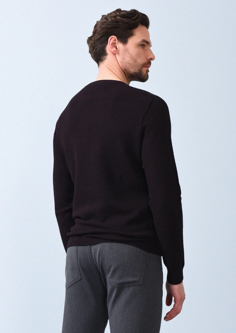 Bordo Düz Örgü Triko Kazak - 5