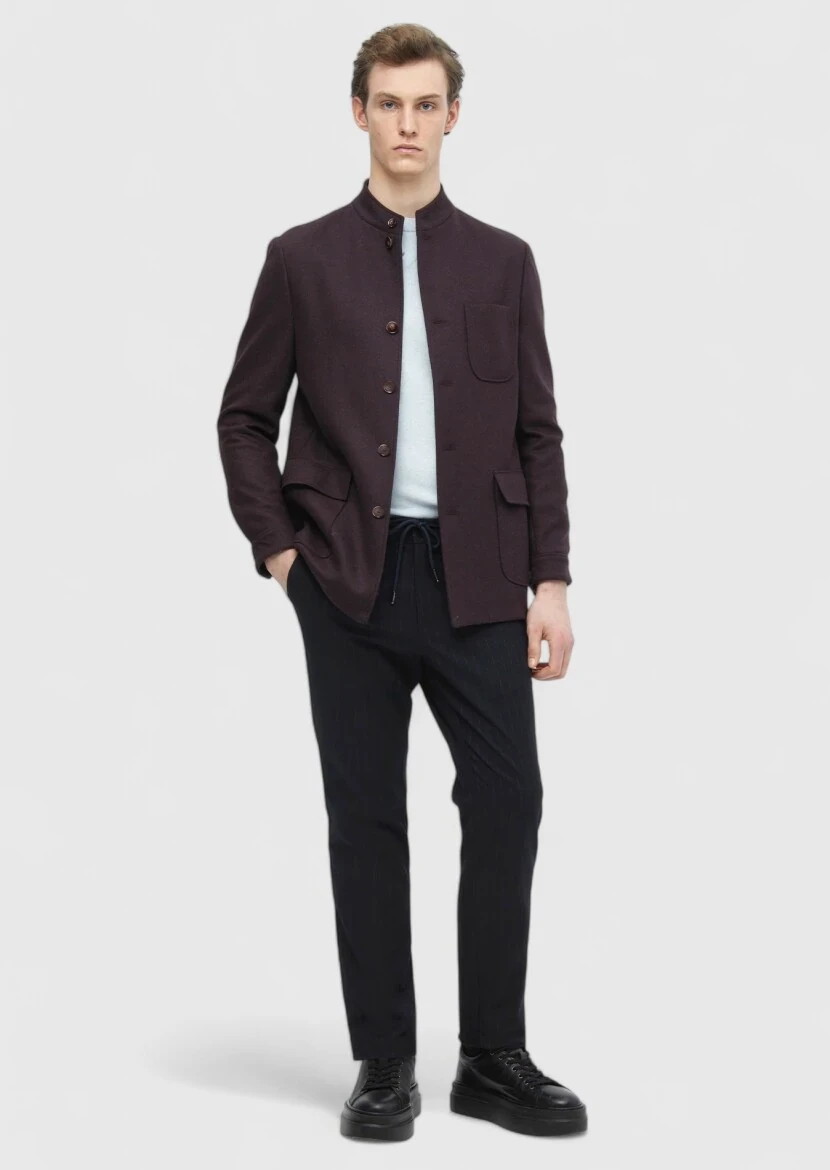 Bordo Düz Shirt Shoulder Slim Fit Yün Karışımlı Örme Ceket - RAMSEY