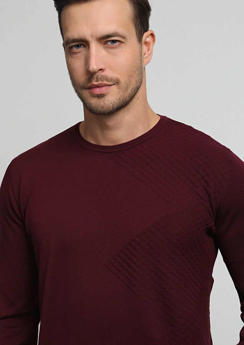 Bordo Jakarlı %100 Pamuk Triko Kazak 