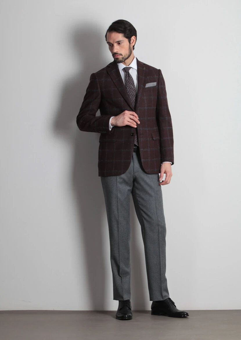 Bordo Kareli Regular Fit Yün Karışımlı Ceket - 3