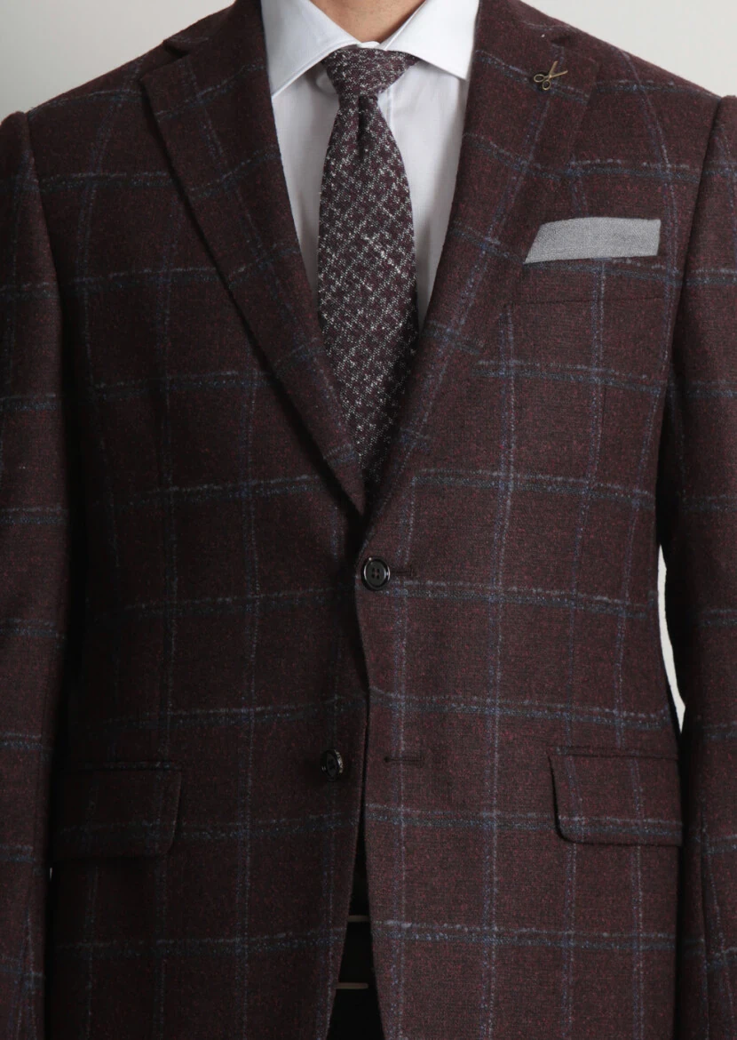 Bordo Kareli Regular Fit Yün Karışımlı Ceket - 4