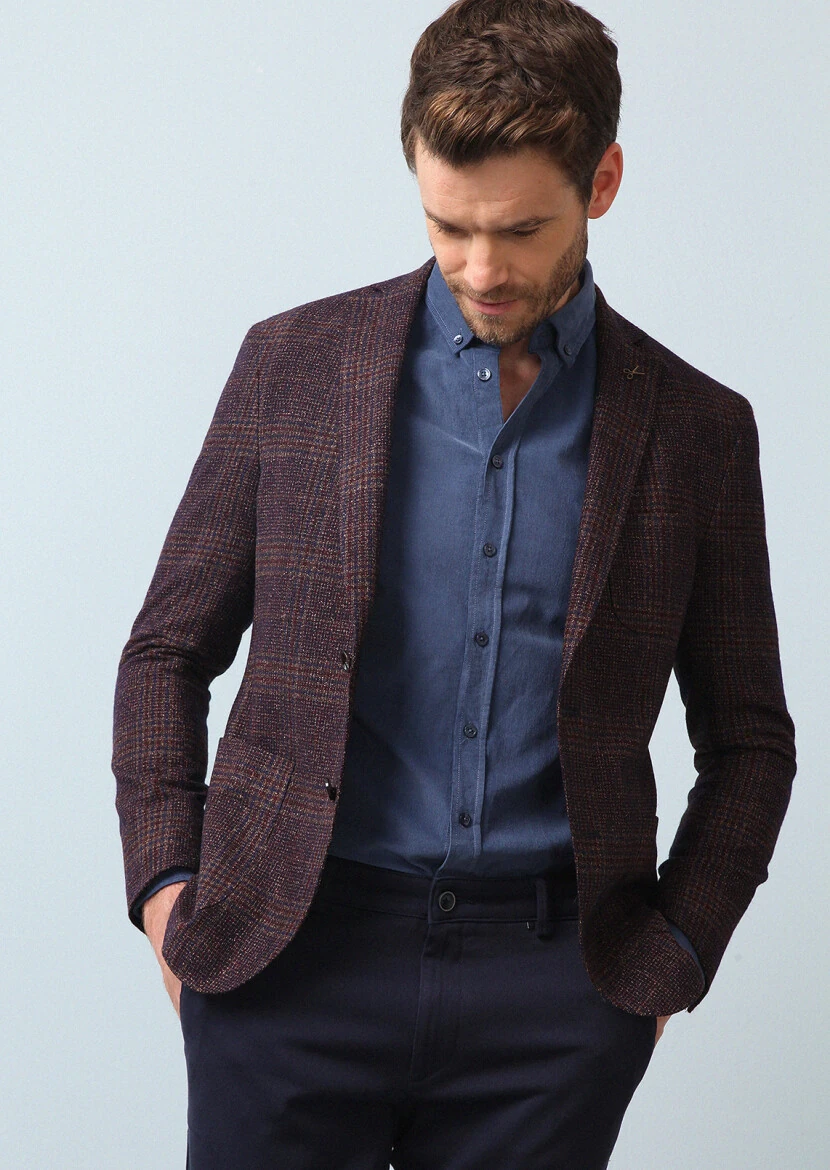 Bordo Kareli Shirt Shoulder Slim Fit Yün Karışımlı Ceket - 1
