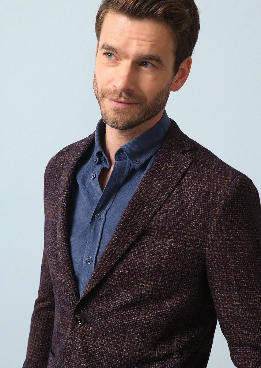 Bordo Kareli Shirt Shoulder Slim Fit Yün Karışımlı Ceket - 2