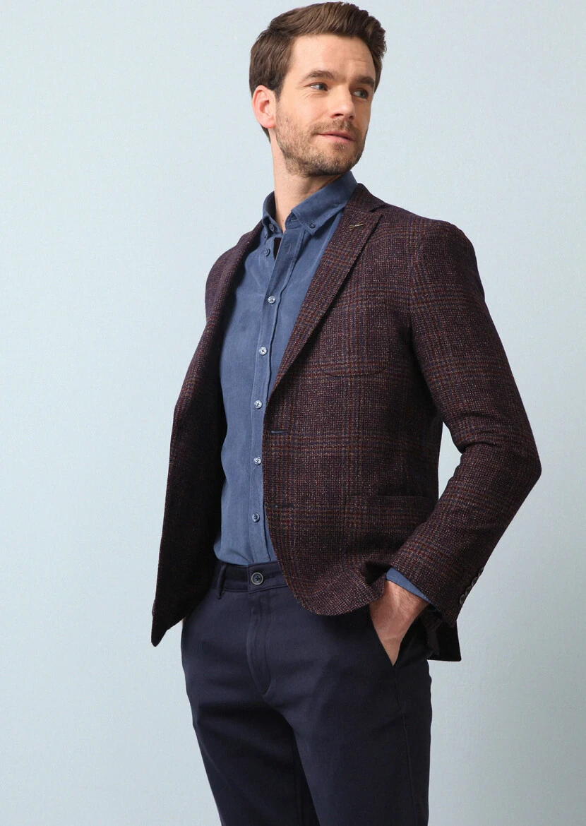Bordo Kareli Shirt Shoulder Slim Fit Yün Karışımlı Ceket - 3