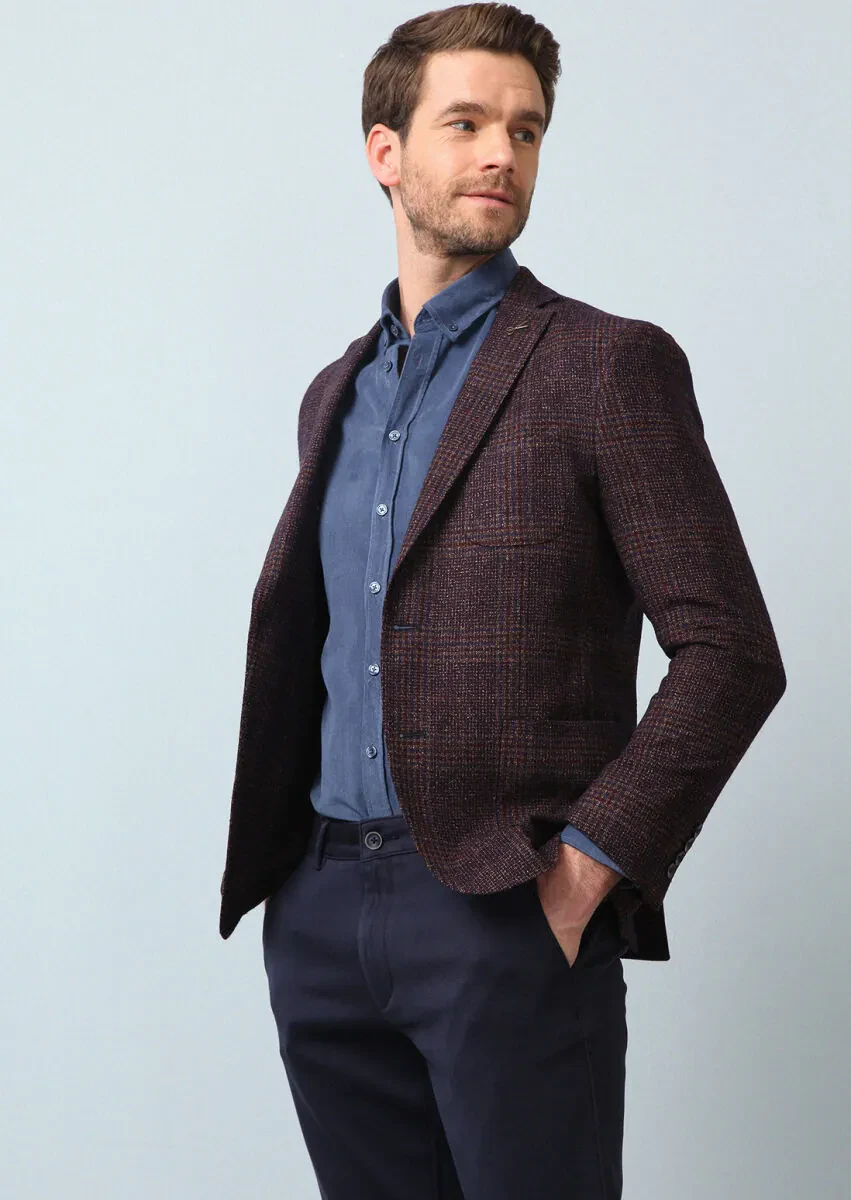 Bordo Kareli Shirt Shoulder Slim Fit Yün Karışımlı Ceket - 3
