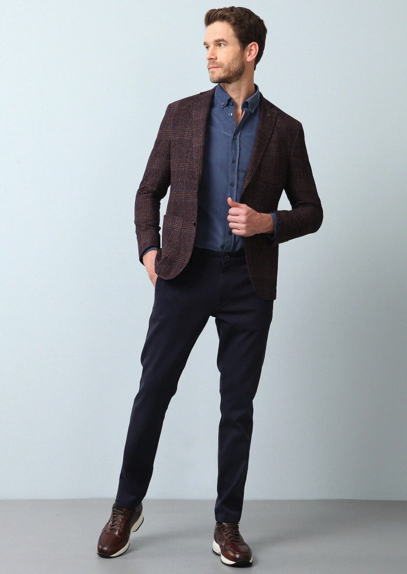 Bordo Kareli Shirt Shoulder Slim Fit Yün Karışımlı Ceket - 4