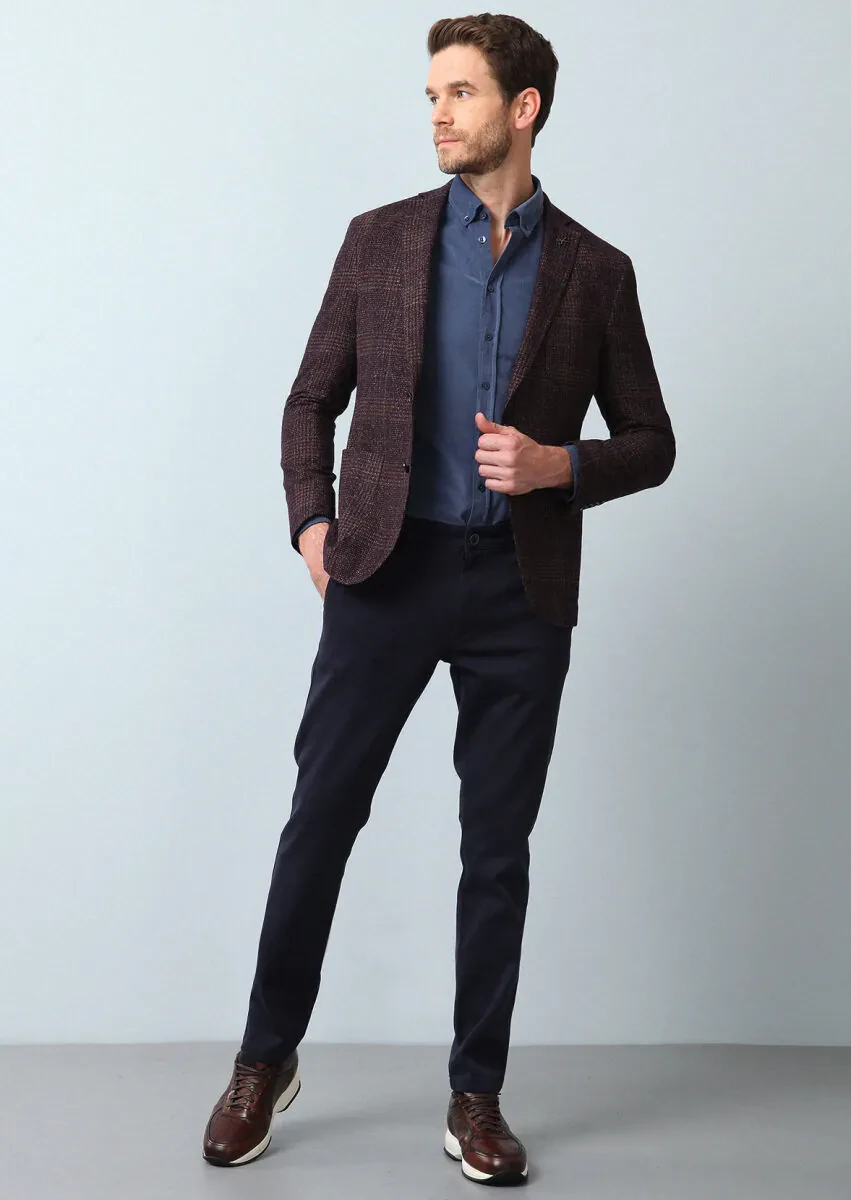 Bordo Kareli Shirt Shoulder Slim Fit Yün Karışımlı Ceket - 4
