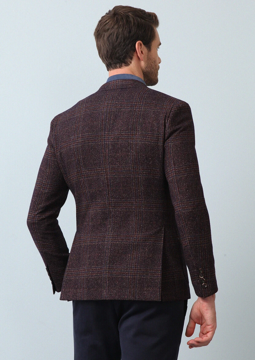 Bordo Kareli Shirt Shoulder Slim Fit Yün Karışımlı Ceket - 5