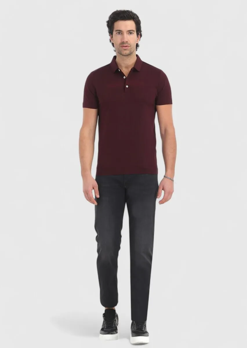 Bordo Polo Yaka %100 Pamuk T-Shirt - 1