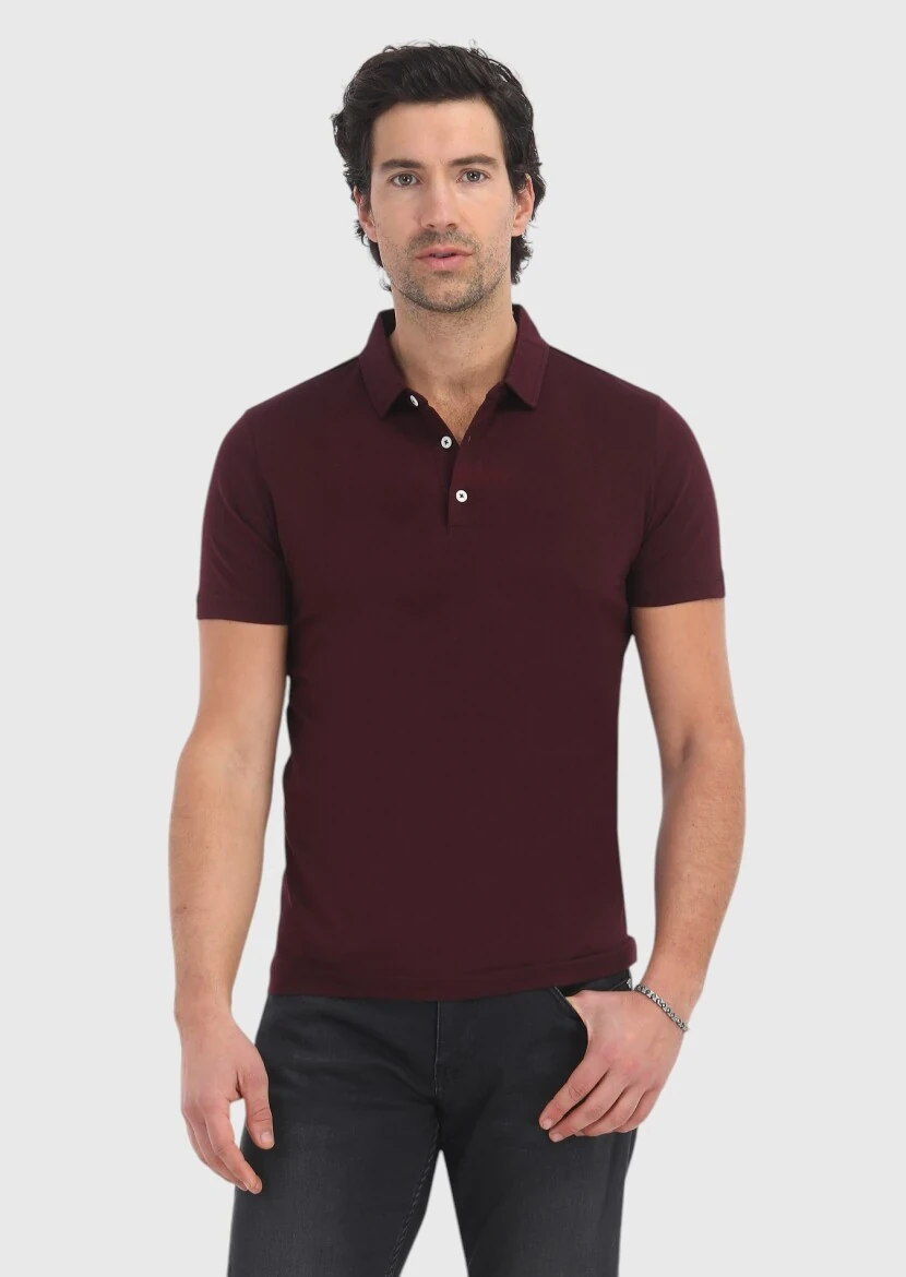Bordo Polo Yaka %100 Pamuk T-Shirt 