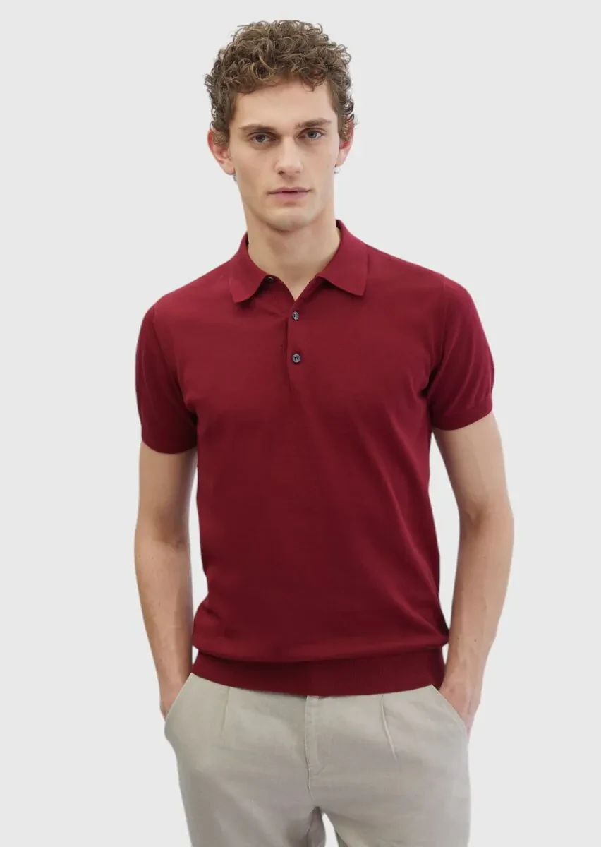 Bordo Polo Yaka %100 Pamuk Triko - 1