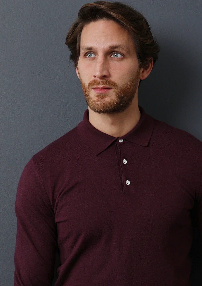 Bordo Polo Yaka Düz Örgü Triko Kazak 