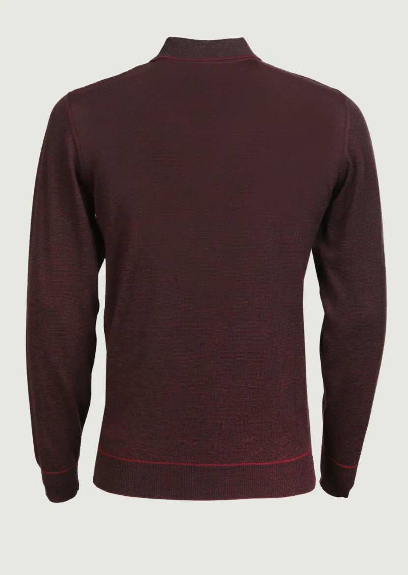 Bordo Polo Yaka Jakarlı %100 Yün Triko Kazak - 2