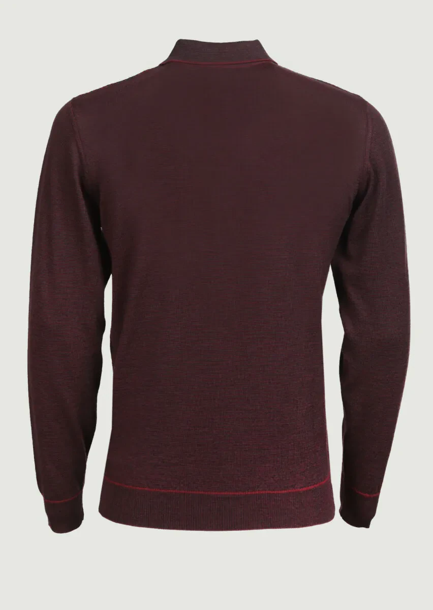 Bordo Polo Yaka Jakarlı %100 Yün Triko Kazak - 2