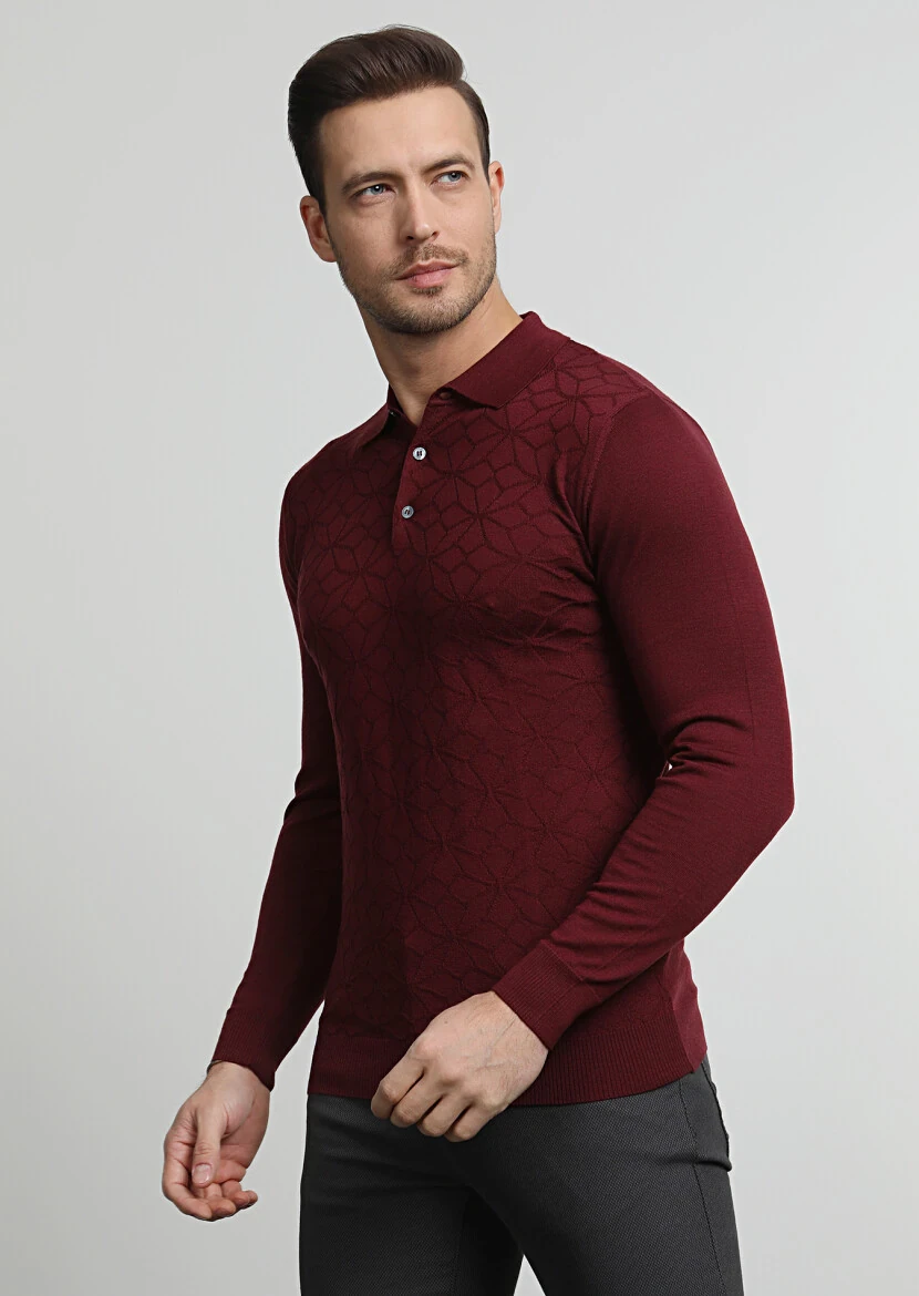 Bordo Polo Yaka Jakarlı %100 Yün Triko Kazak - 1