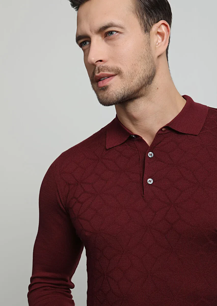 Bordo Polo Yaka Jakarlı %100 Yün Triko Kazak - 2