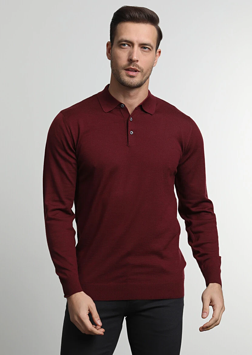 Bordo Polo Yaka Jakarlı %100 Yün Triko Kazak 