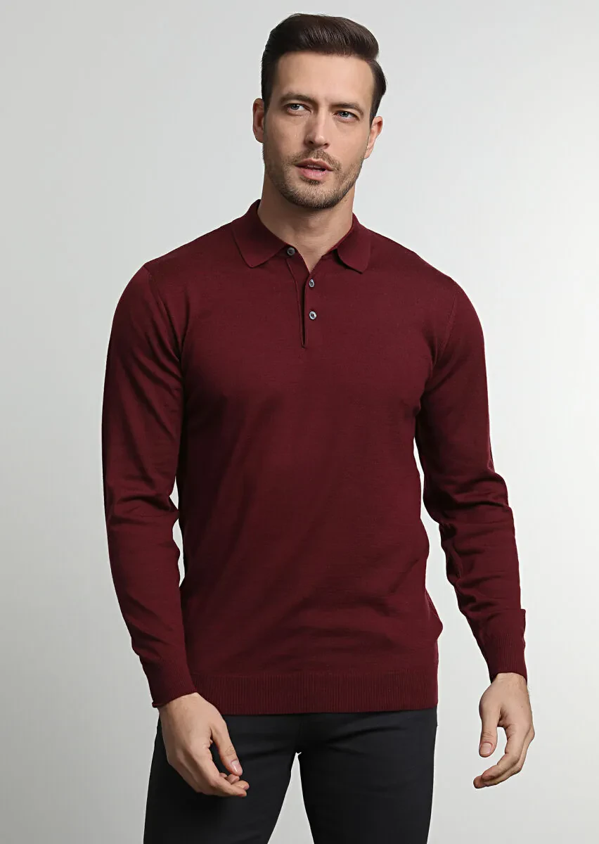 Bordo Polo Yaka Jakarlı %100 Yün Triko Kazak - 2