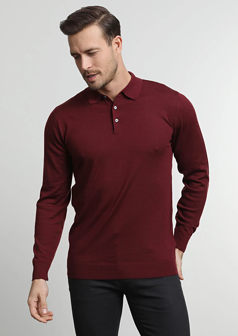 Bordo Polo Yaka Jakarlı %100 Yün Triko Kazak - 3