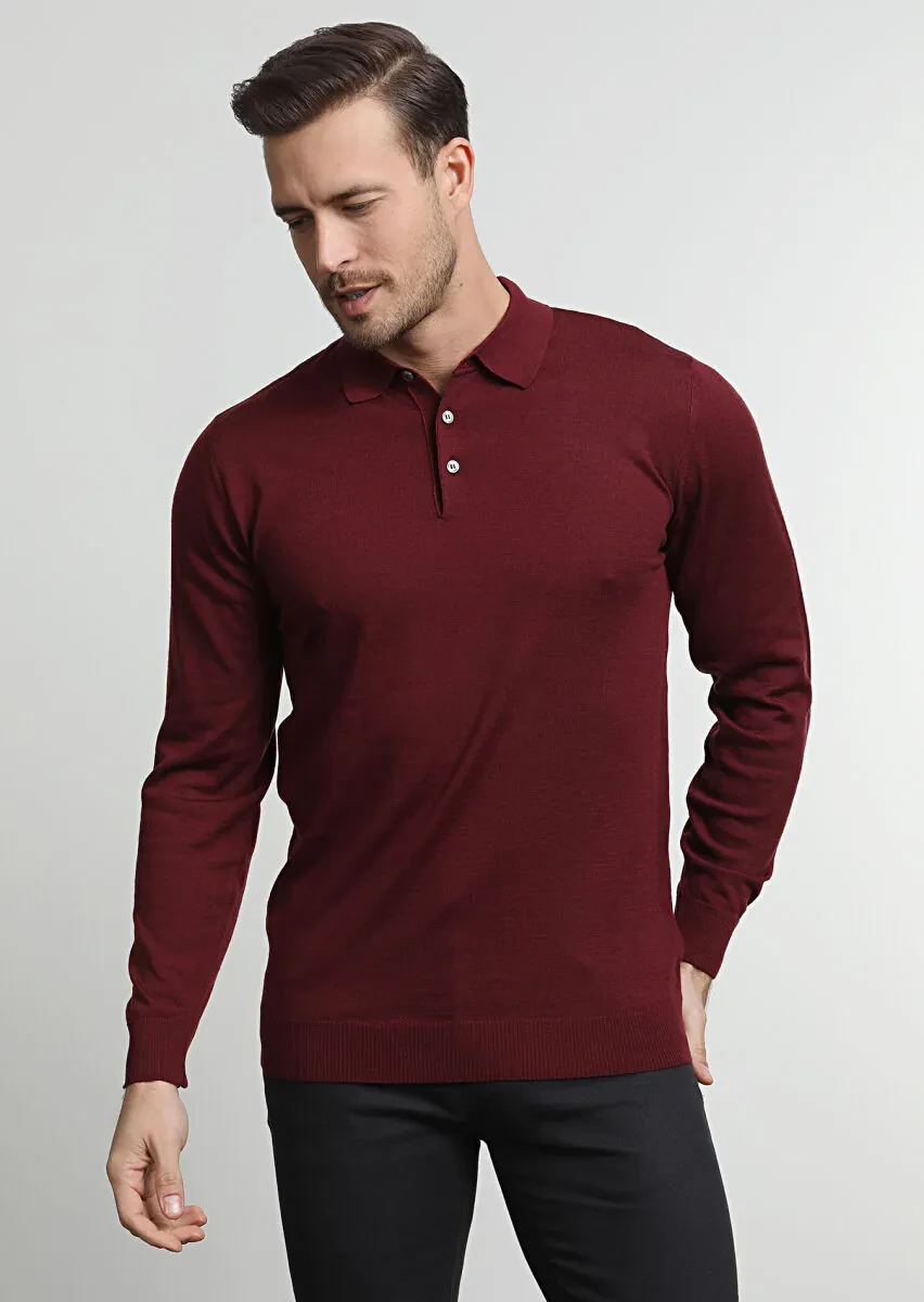Bordo Polo Yaka Jakarlı %100 Yün Triko Kazak - 3