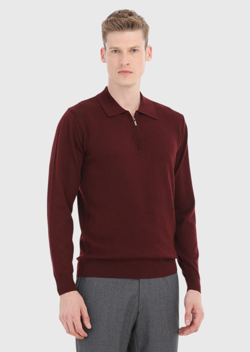 Bordo Polo Yaka Jakarlı %100 Yün Triko Kazak 