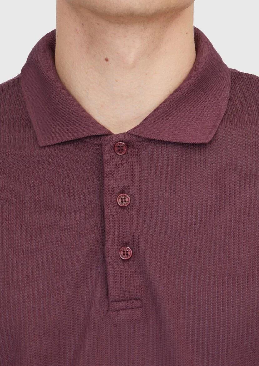 Bordo Polo Yaka Jakarlı Sweatshırt - 4