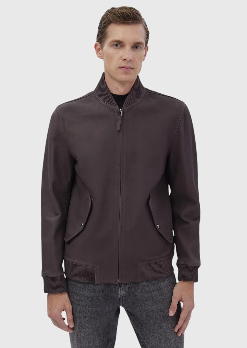 Bordo Regular Fit Dik Yaka Casual Deri Deri Mont - 4