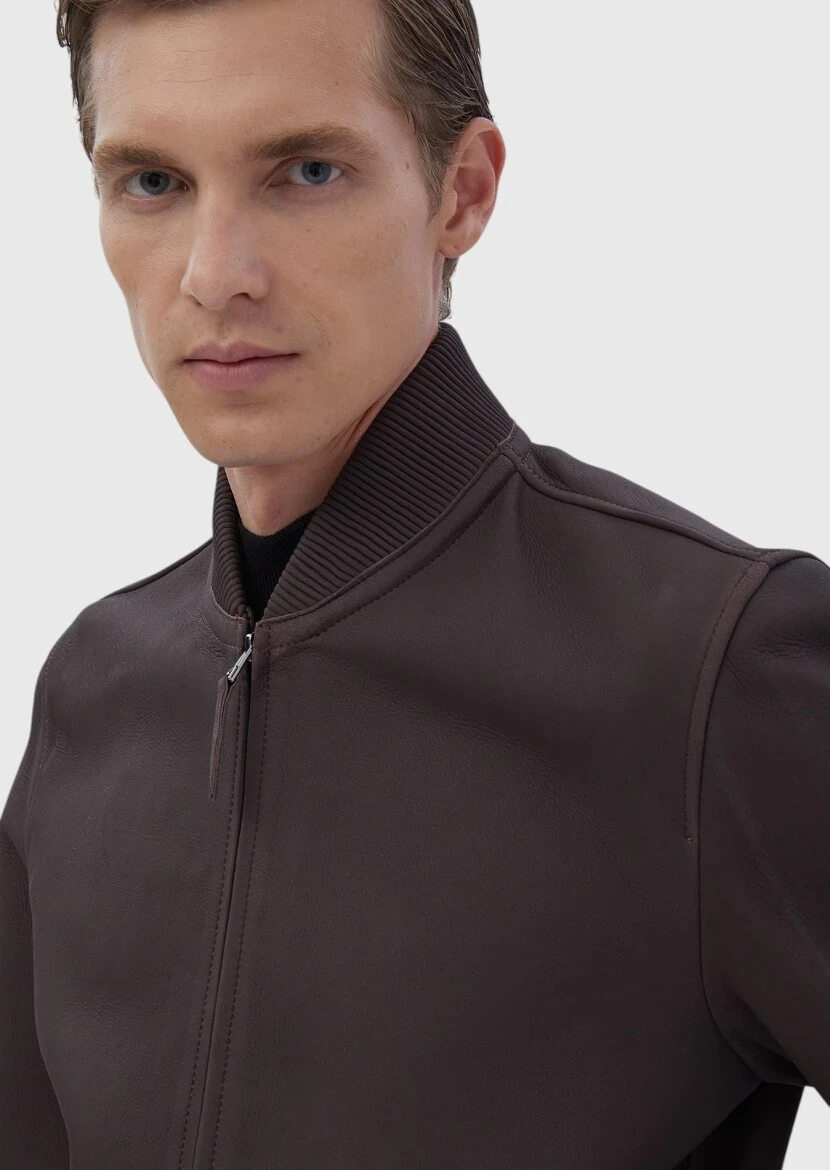 Bordo Regular Fit Dik Yaka Casual Deri Deri Mont - 5