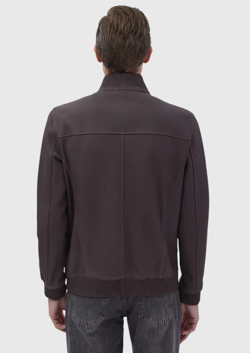 Bordo Regular Fit Dik Yaka Casual Deri Deri Mont - 7