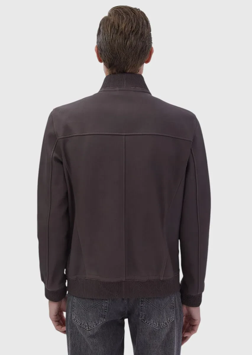 Bordo Regular Fit Dik Yaka Casual Deri Deri Mont - 7