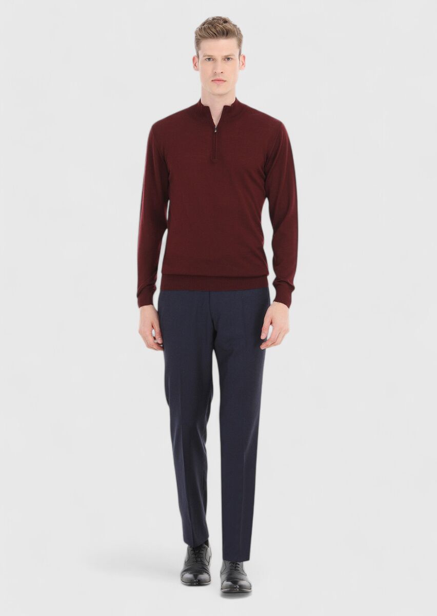 Bordo Yarım Balıkçı Yaka Düz Örgü %100 Yün Triko Kazak - 1