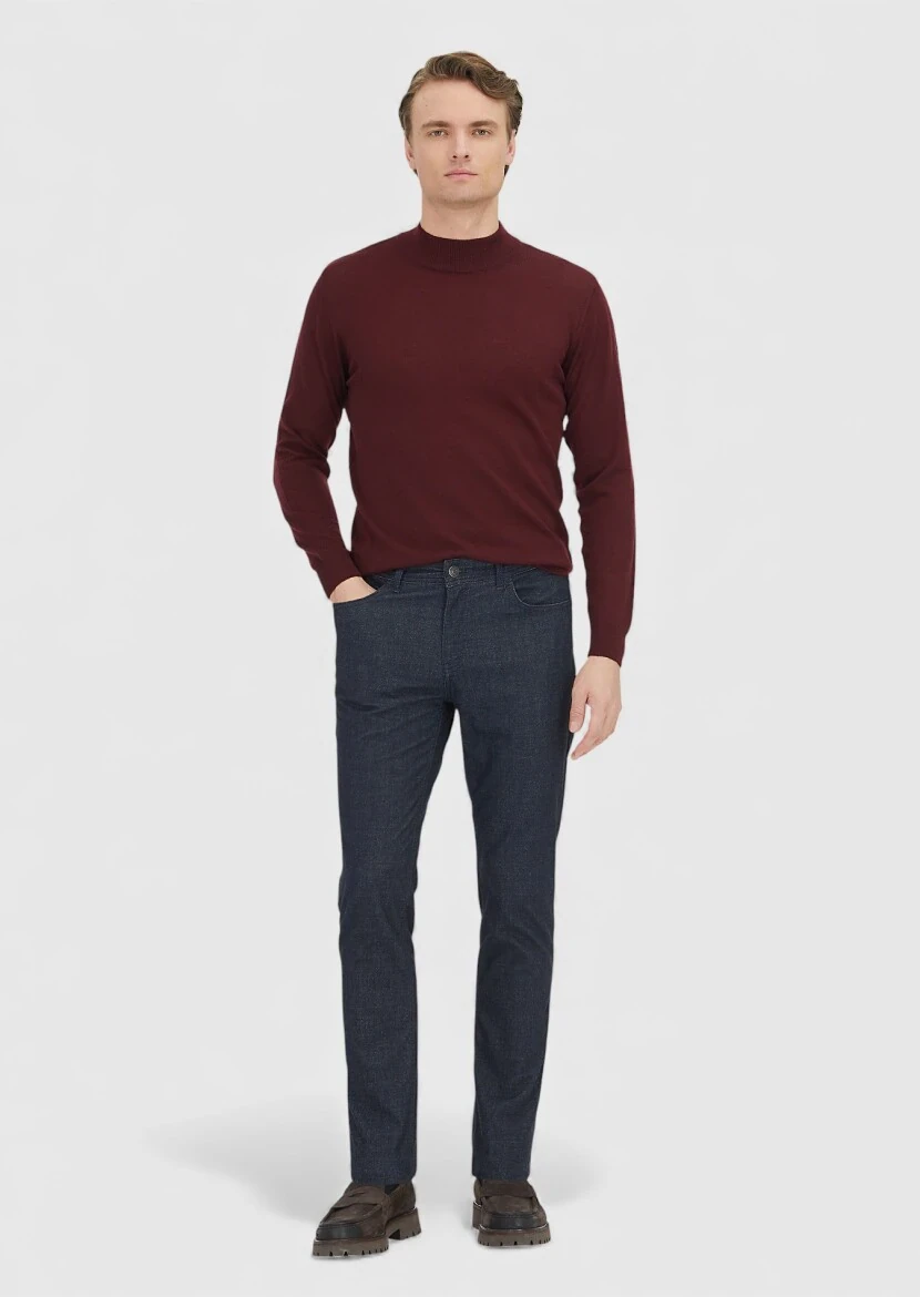 Bordo Yarım Balıkçı Yaka Düz Örgü %100 Yün Triko Kazak - 2