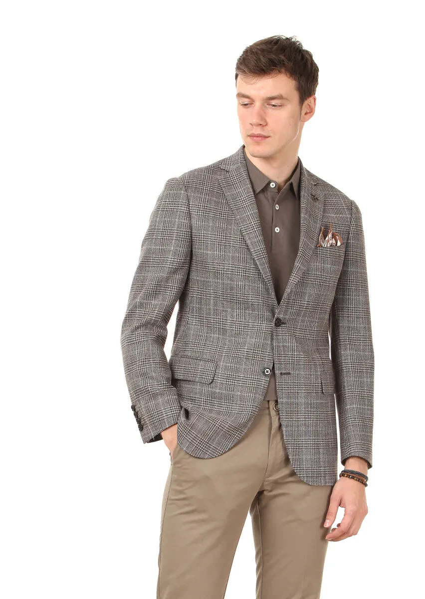 Brown Checkered Regular Fit Silk Blended Jacket - 1