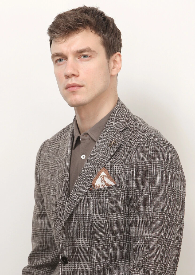 Brown Checkered Regular Fit Silk Blended Jacket - 2